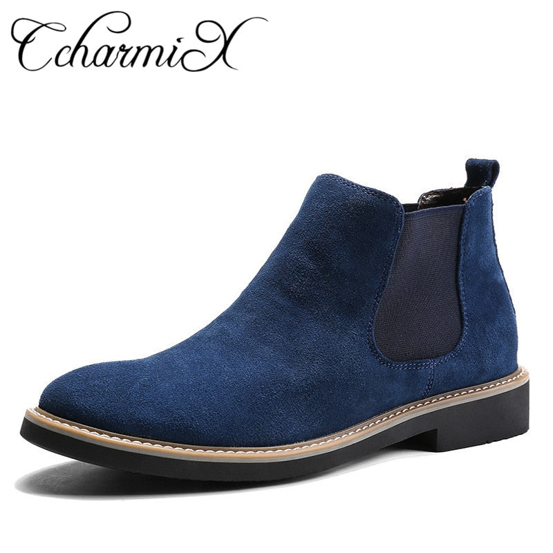 CcharmiX Men Chelsea Boots Slip On Suede High Top Classic Men Boots Genuine Leather Chukka Ankle Boots Fashion Cowboy Male Boots