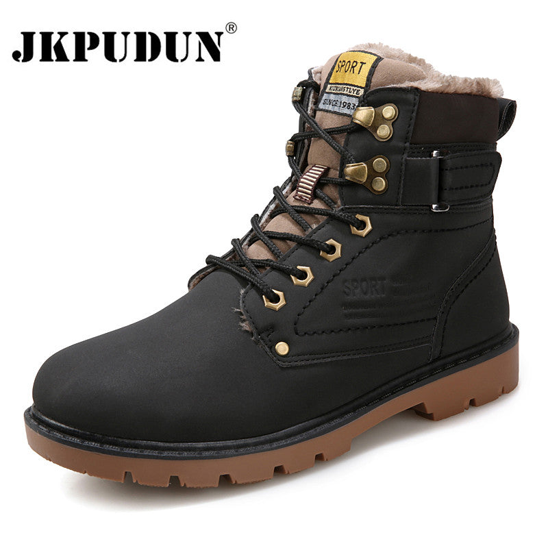 JKPUDUN Warm Winter Ankle Boots Men Casual Shoes Lace-Up Autumn Leather Waterproof Work Tooling Mens Boots Military Army Botas