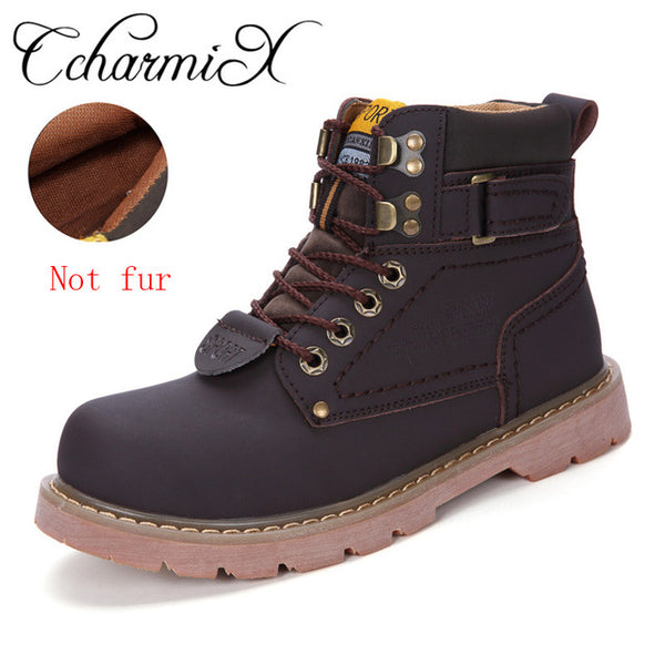 CcharmiX Men Work Boots Leather Unisex Ankle Snow Boots Autumn Winter Warm Casual Boots Waterproof Male Tooling Boots Big Size