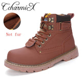 CcharmiX Men Work Boots Leather Unisex Ankle Snow Boots Autumn Winter Warm Casual Boots Waterproof Male Tooling Boots Big Size