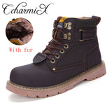 CcharmiX Men Work Boots Leather Unisex Ankle Snow Boots Autumn Winter Warm Casual Boots Waterproof Male Tooling Boots Big Size