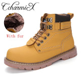 CcharmiX Men Work Boots Leather Unisex Ankle Snow Boots Autumn Winter Warm Casual Boots Waterproof Male Tooling Boots Big Size