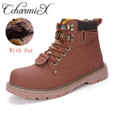 CcharmiX Men Work Boots Leather Unisex Ankle Snow Boots Autumn Winter Warm Casual Boots Waterproof Male Tooling Boots Big Size