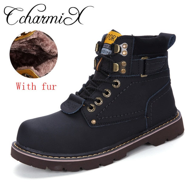 CcharmiX Men Work Boots Leather Unisex Ankle Snow Boots Autumn Winter Warm Casual Boots Waterproof Male Tooling Boots Big Size