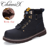 CcharmiX Men Work Boots Leather Unisex Ankle Snow Boots Autumn Winter Warm Casual Boots Waterproof Male Tooling Boots Big Size