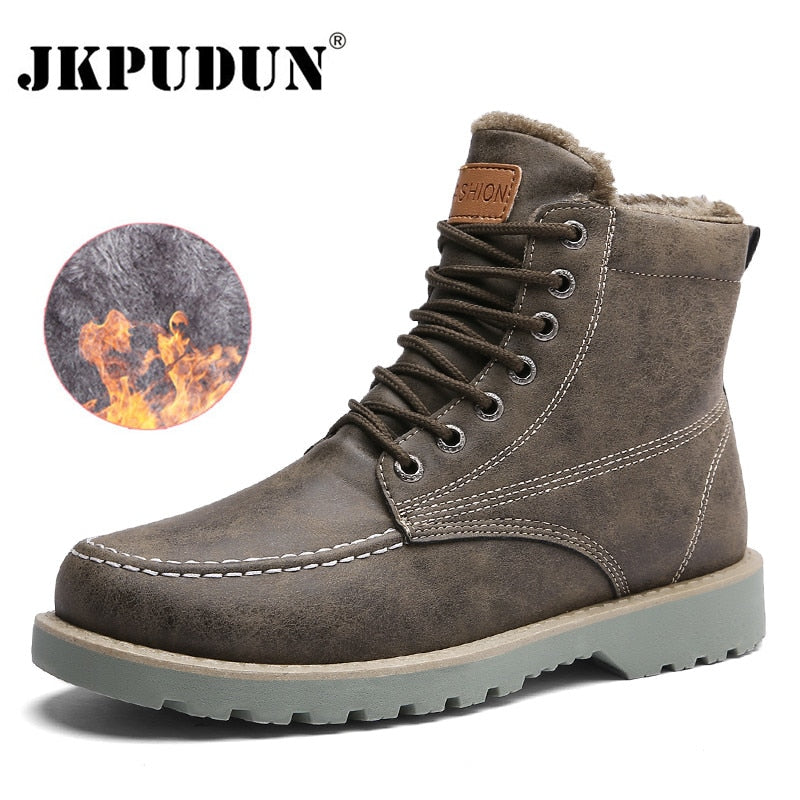 JKPUDUN Vintage Men Boots Lace-Up Winter Leather Martin Boots Men Waterproof Work Tooling Safety Ankle Boots Casual Shoes Botas