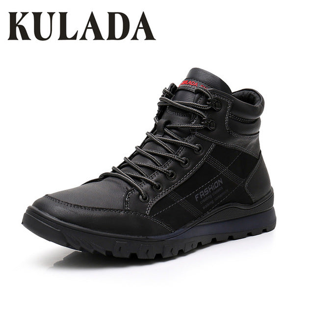 KULADA New Men Leather Winter Boots Safety Work Waterproof Shoes Men Hiking Warm Sneaker Lace Up Shoe Skid Winter Shoes  Hombre