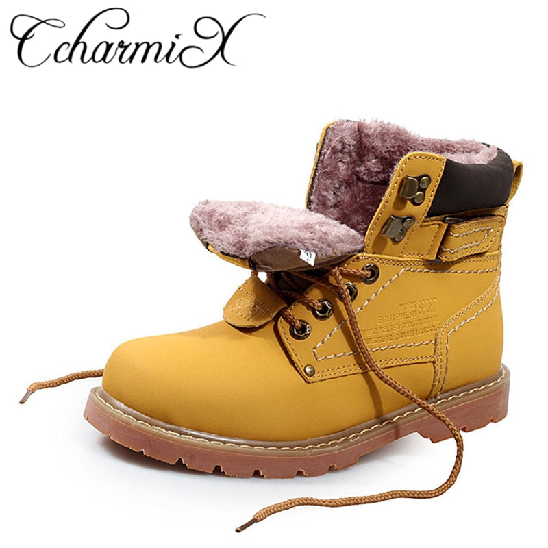 CcharmiX Men Work Boots Leather Unisex Ankle Snow Boots Autumn Winter Warm Casual Boots Waterproof Male Tooling Boots Big Size