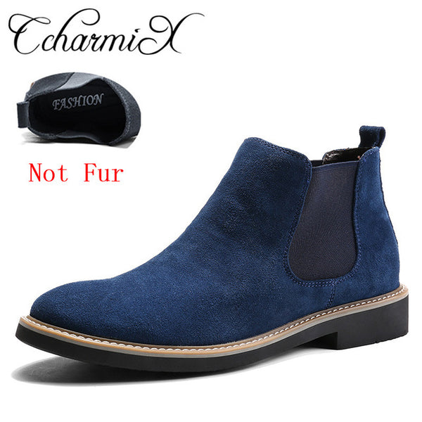 CcharmiX Men Chelsea Boots Slip On Suede High Top Classic Men Boots Genuine Leather Chukka Ankle Boots Fashion Cowboy Male Boots