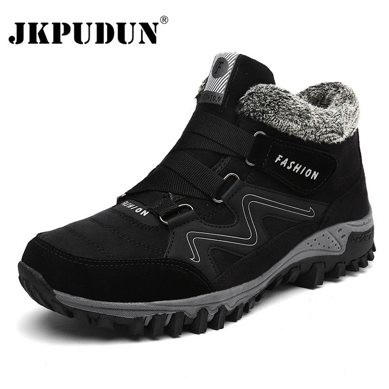 JKPUDUN Leather Men Boots Winter with Fur 2018 Warm Snow Boots Men Winter Work Casual Shoes Sneakers High Top Rubber Ankle Boots